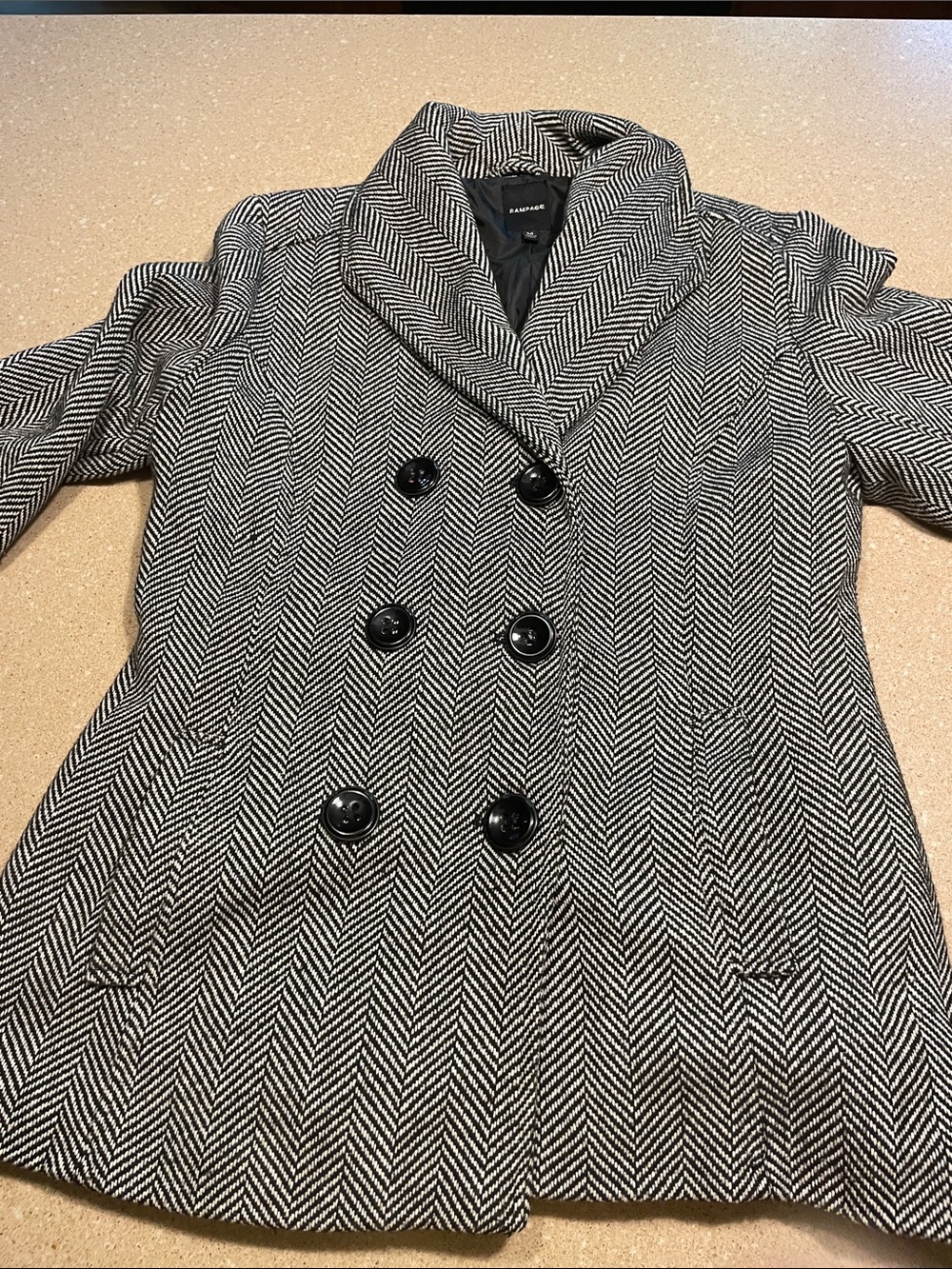 Rampage Black & White Herringbone Double-Breasted Peacoat with Shawl Collar